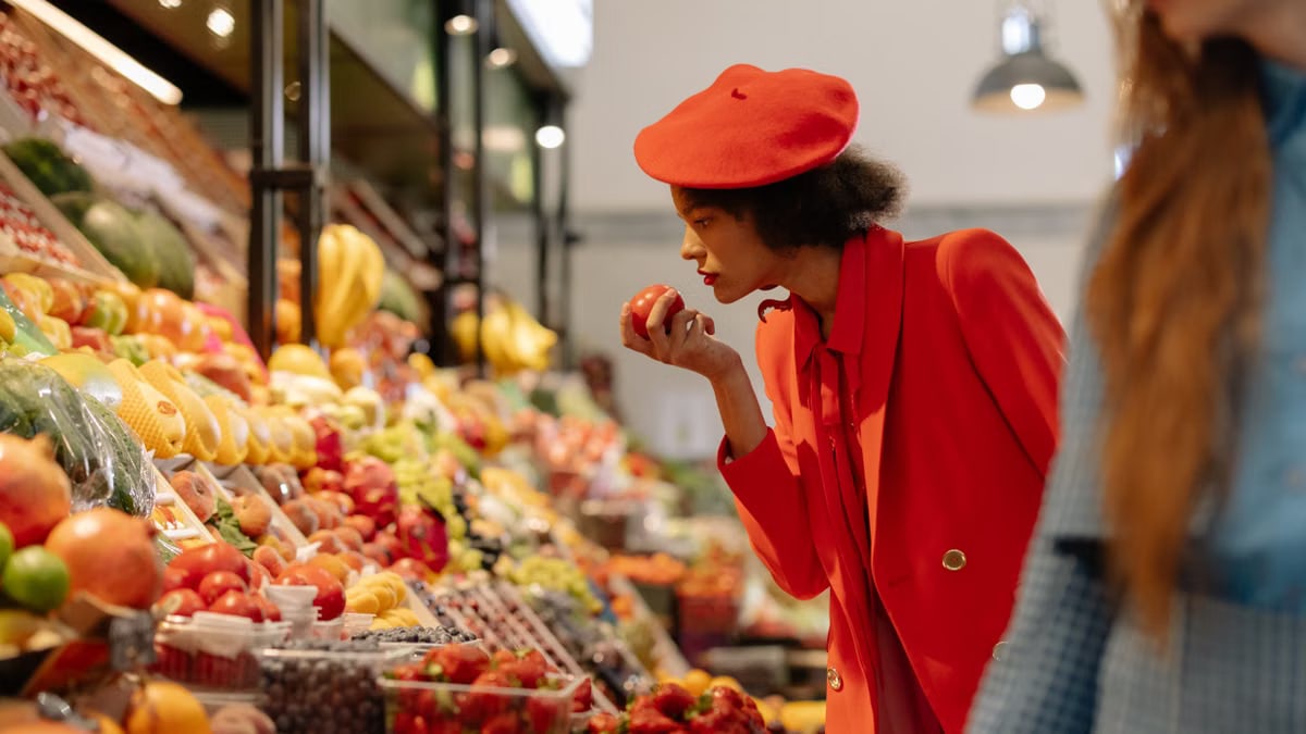Stylish woman in red outfit selecting fresh produce at a vibrant fruit market.